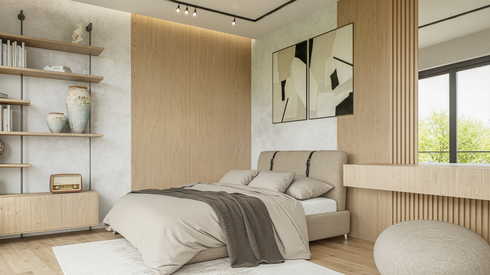 Sypialnia z drewnianą ścianą